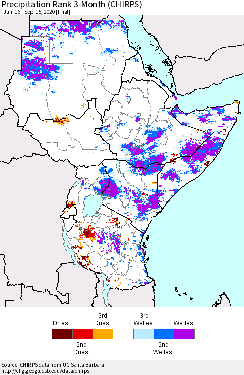 Eastern Africa Precipitation Rank 3-Month (CHIRPS) Thematic Map For 6/16/2020 - 9/15/2020