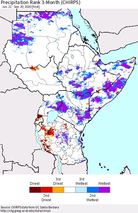 Eastern Africa Precipitation Rank 3-Month (CHIRPS) Thematic Map For 6/21/2020 - 9/20/2020