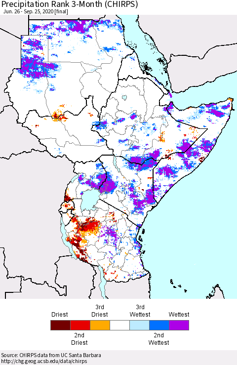 Eastern Africa Precipitation Rank 3-Month (CHIRPS) Thematic Map For 6/26/2020 - 9/25/2020