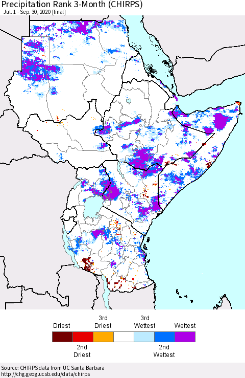 Eastern Africa Precipitation Rank 3-Month (CHIRPS) Thematic Map For 7/1/2020 - 9/30/2020