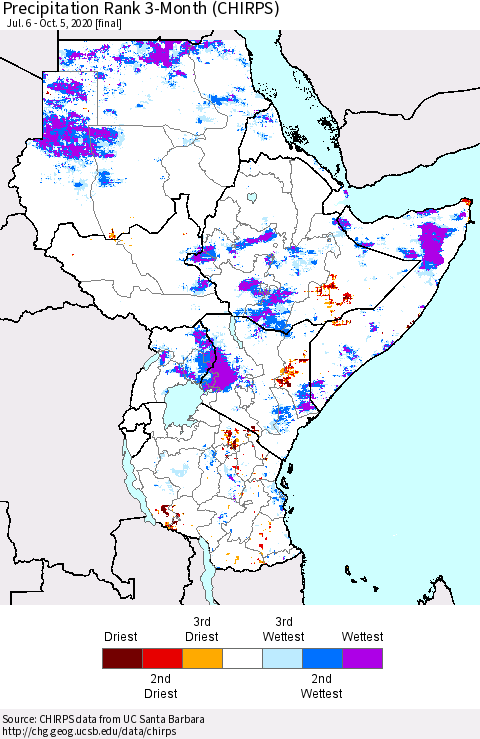Eastern Africa Precipitation Rank 3-Month (CHIRPS) Thematic Map For 7/6/2020 - 10/5/2020