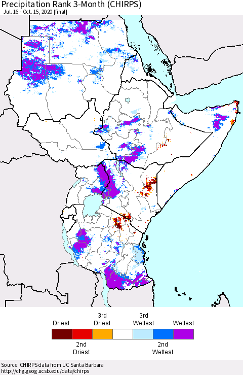 Eastern Africa Precipitation Rank 3-Month (CHIRPS) Thematic Map For 7/16/2020 - 10/15/2020