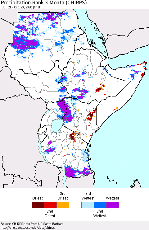 Eastern Africa Precipitation Rank 3-Month (CHIRPS) Thematic Map For 7/21/2020 - 10/20/2020