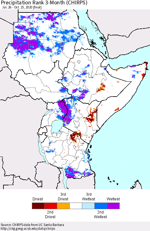 Eastern Africa Precipitation Rank 3-Month (CHIRPS) Thematic Map For 7/26/2020 - 10/25/2020