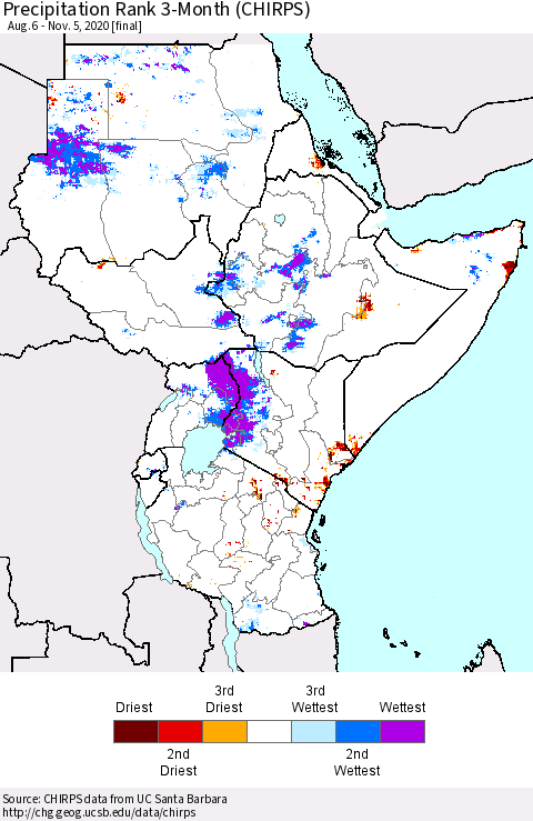 Eastern Africa Precipitation Rank since 1981, 3-Month (CHIRPS) Thematic Map For 8/6/2020 - 11/5/2020
