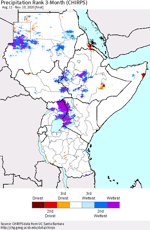 Eastern Africa Precipitation Rank 3-Month (CHIRPS) Thematic Map For 8/11/2020 - 11/10/2020
