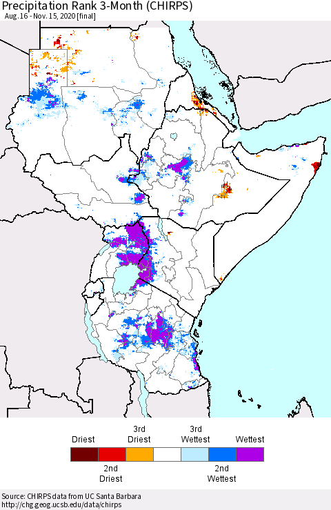 Eastern Africa Precipitation Rank 3-Month (CHIRPS) Thematic Map For 8/16/2020 - 11/15/2020