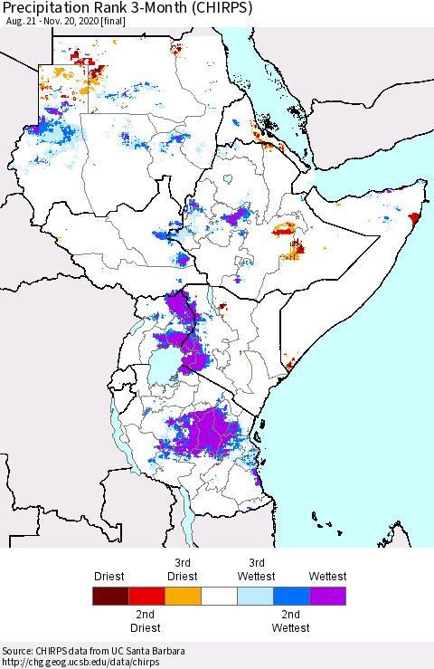 Eastern Africa Precipitation Rank 3-Month (CHIRPS) Thematic Map For 8/21/2020 - 11/20/2020