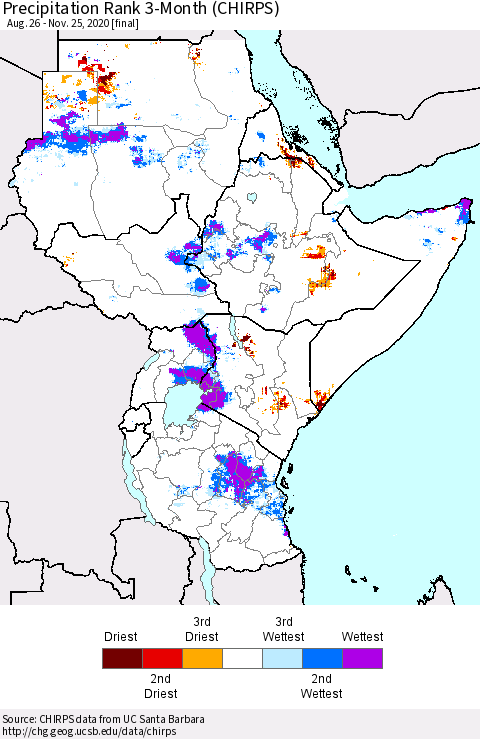Eastern Africa Precipitation Rank 3-Month (CHIRPS) Thematic Map For 8/26/2020 - 11/25/2020