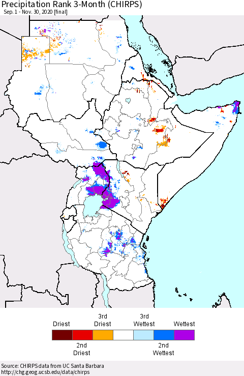 Eastern Africa Precipitation Rank 3-Month (CHIRPS) Thematic Map For 9/1/2020 - 11/30/2020