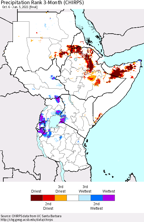 Eastern Africa Precipitation Rank 3-Month (CHIRPS) Thematic Map For 10/6/2020 - 1/5/2021