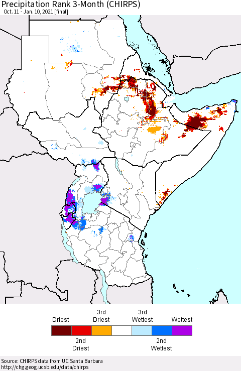 Eastern Africa Precipitation Rank since 1981, 3-Month (CHIRPS) Thematic Map For 10/11/2020 - 1/10/2021