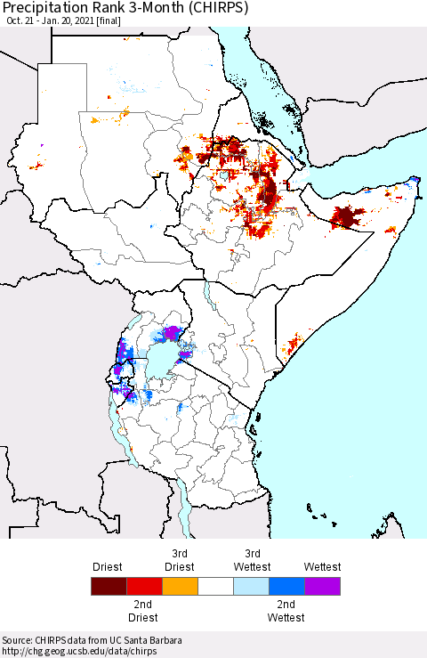 Eastern Africa Precipitation Rank 3-Month (CHIRPS) Thematic Map For 10/21/2020 - 1/20/2021