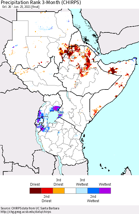 Eastern Africa Precipitation Rank since 1981, 3-Month (CHIRPS) Thematic Map For 10/26/2020 - 1/25/2021