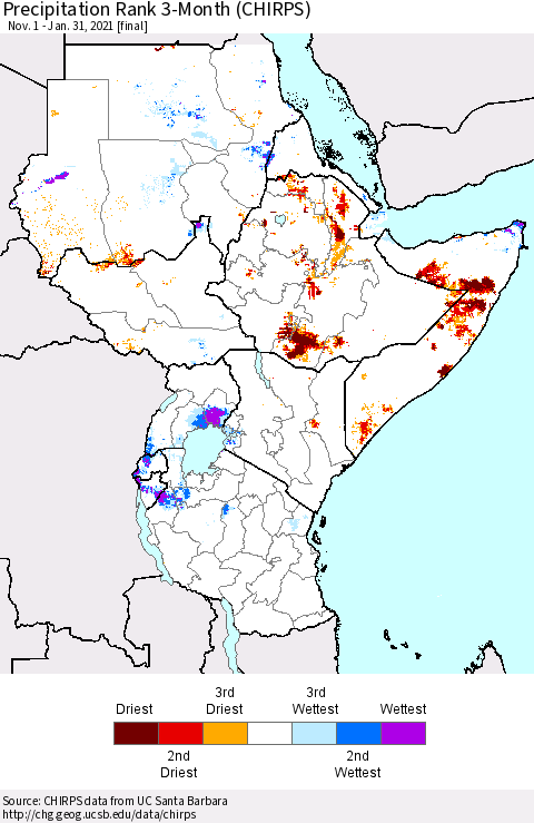 Eastern Africa Precipitation Rank since 1981, 3-Month (CHIRPS) Thematic Map For 11/1/2020 - 1/31/2021