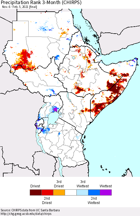 Eastern Africa Precipitation Rank since 1981, 3-Month (CHIRPS) Thematic Map For 11/6/2020 - 2/5/2021