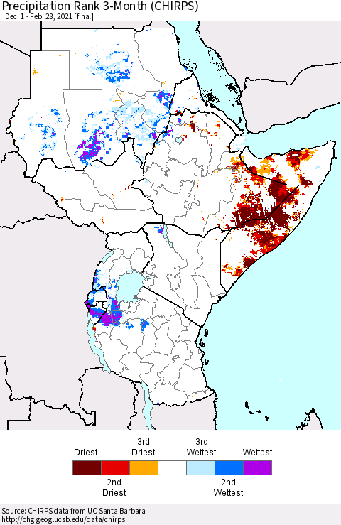 Eastern Africa Precipitation Rank 3-Month (CHIRPS) Thematic Map For 12/1/2020 - 2/28/2021