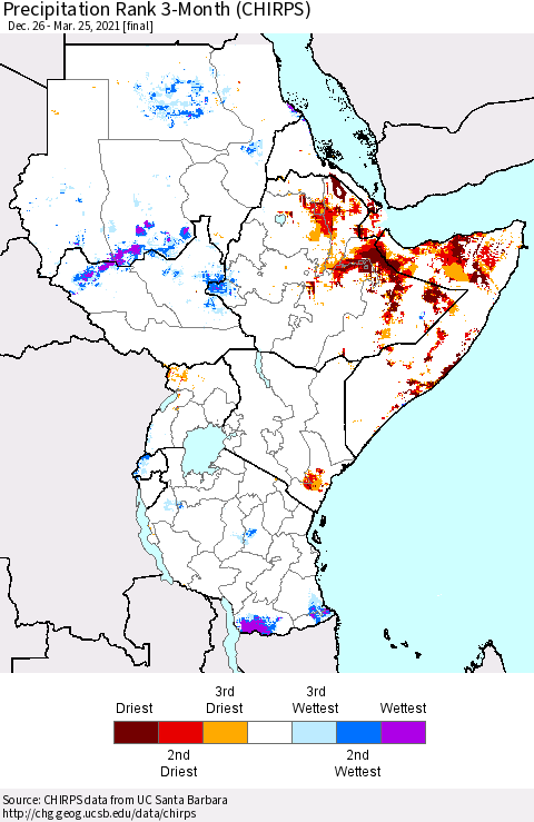 Eastern Africa Precipitation Rank since 1981, 3-Month (CHIRPS) Thematic Map For 12/26/2020 - 3/25/2021