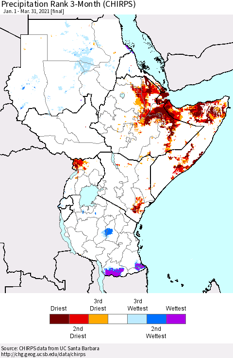 Eastern Africa Precipitation Rank 3-Month (CHIRPS) Thematic Map For 1/1/2021 - 3/31/2021