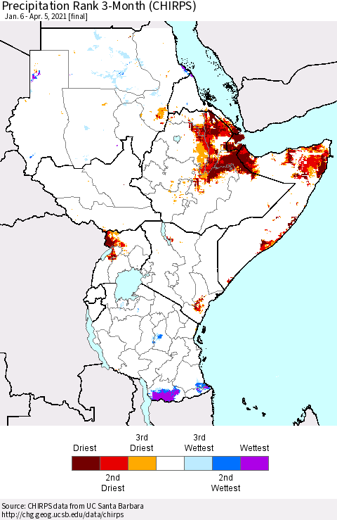 Eastern Africa Precipitation Rank 3-Month (CHIRPS) Thematic Map For 1/6/2021 - 4/5/2021
