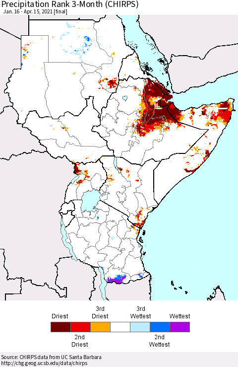 Eastern Africa Precipitation Rank 3-Month (CHIRPS) Thematic Map For 1/16/2021 - 4/15/2021
