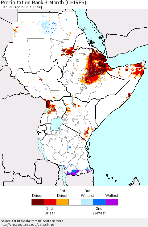 Eastern Africa Precipitation Rank 3-Month (CHIRPS) Thematic Map For 1/21/2021 - 4/20/2021