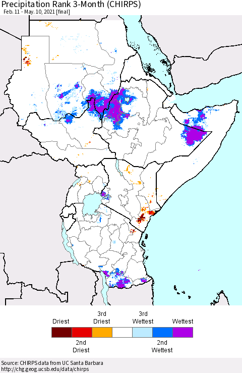 Eastern Africa Precipitation Rank since 1981, 3-Month (CHIRPS) Thematic Map For 2/11/2021 - 5/10/2021