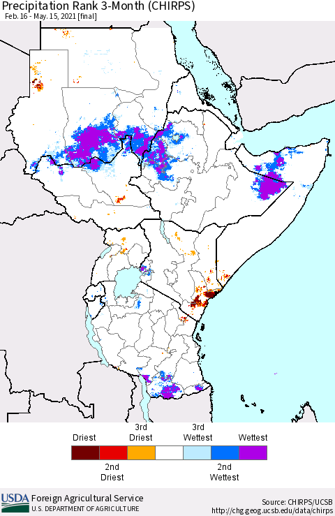 Eastern Africa Precipitation Rank 3-Month (CHIRPS) Thematic Map For 2/16/2021 - 5/15/2021