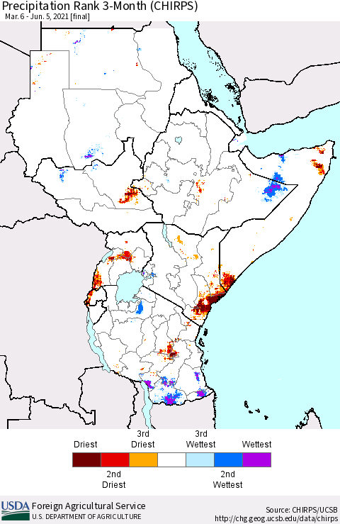 Eastern Africa Precipitation Rank since 1981, 3-Month (CHIRPS) Thematic Map For 3/6/2021 - 6/5/2021