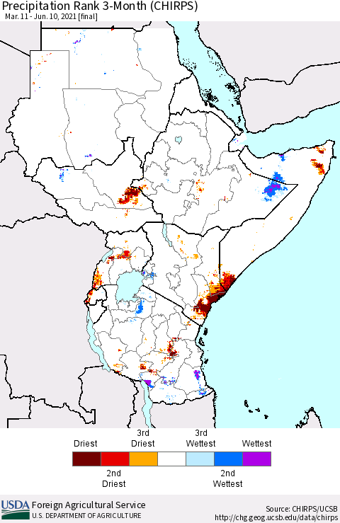 Eastern Africa Precipitation Rank since 1981, 3-Month (CHIRPS) Thematic Map For 3/11/2021 - 6/10/2021