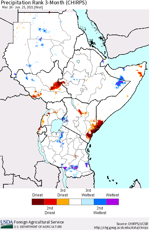 Eastern Africa Precipitation Rank since 1981, 3-Month (CHIRPS) Thematic Map For 3/26/2021 - 6/25/2021