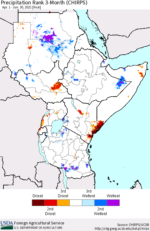 Eastern Africa Precipitation Rank 3-Month (CHIRPS) Thematic Map For 4/1/2021 - 6/30/2021