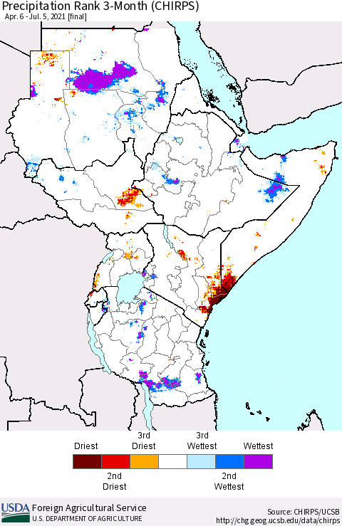 Eastern Africa Precipitation Rank since 1981, 3-Month (CHIRPS) Thematic Map For 4/6/2021 - 7/5/2021