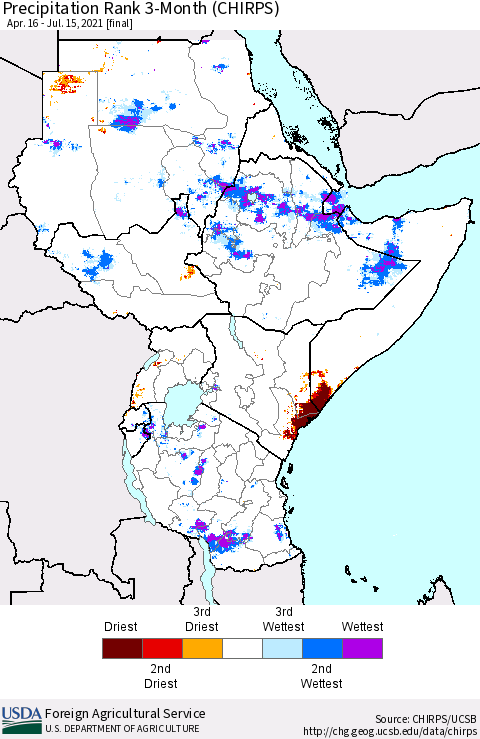 Eastern Africa Precipitation Rank 3-Month (CHIRPS) Thematic Map For 4/16/2021 - 7/15/2021