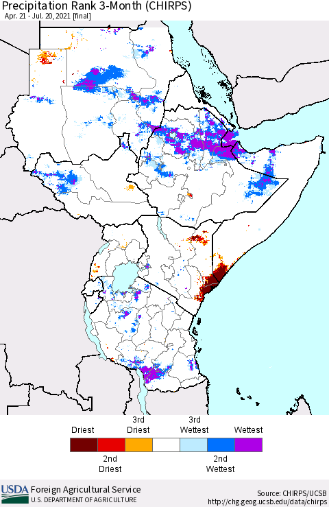 Eastern Africa Precipitation Rank 3-Month (CHIRPS) Thematic Map For 4/21/2021 - 7/20/2021