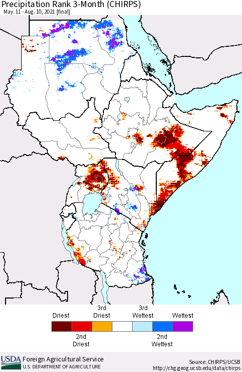 Eastern Africa Precipitation Rank 3-Month (CHIRPS) Thematic Map For 5/11/2021 - 8/10/2021