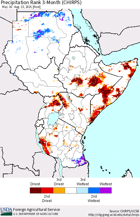 Eastern Africa Precipitation Rank since 1981, 3-Month (CHIRPS) Thematic Map For 5/16/2021 - 8/15/2021