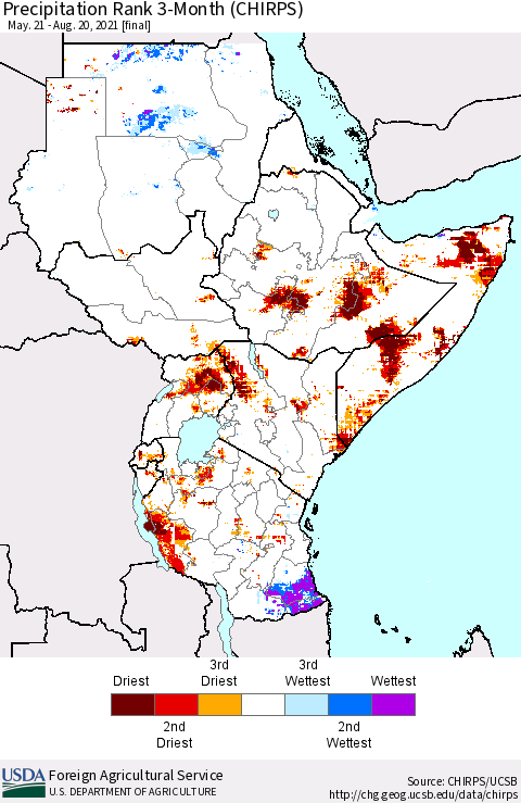 Eastern Africa Precipitation Rank since 1981, 3-Month (CHIRPS) Thematic Map For 5/21/2021 - 8/20/2021