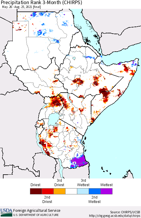 Eastern Africa Precipitation Rank 3-Month (CHIRPS) Thematic Map For 5/26/2021 - 8/25/2021