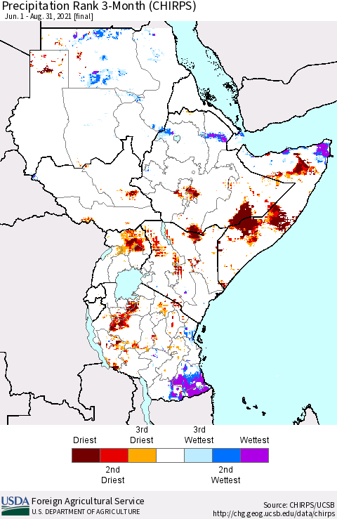 Eastern Africa Precipitation Rank 3-Month (CHIRPS) Thematic Map For 6/1/2021 - 8/31/2021