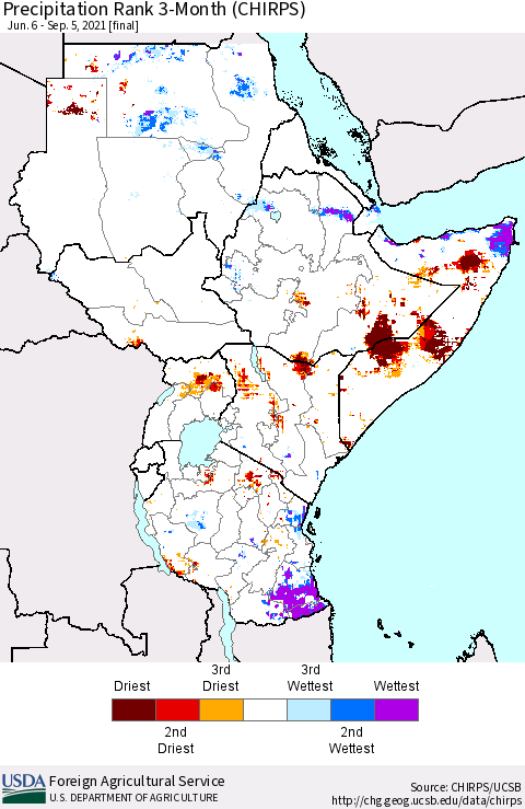 Eastern Africa Precipitation Rank 3-Month (CHIRPS) Thematic Map For 6/6/2021 - 9/5/2021