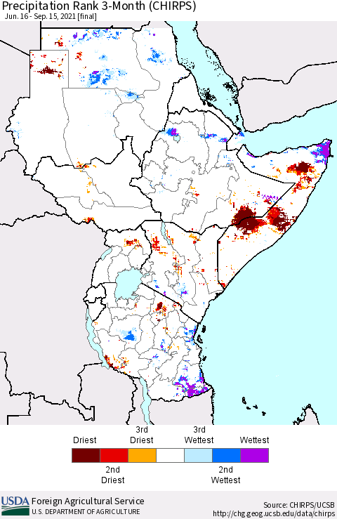 Eastern Africa Precipitation Rank 3-Month (CHIRPS) Thematic Map For 6/16/2021 - 9/15/2021