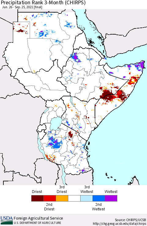 Eastern Africa Precipitation Rank since 1981, 3-Month (CHIRPS) Thematic Map For 6/26/2021 - 9/25/2021