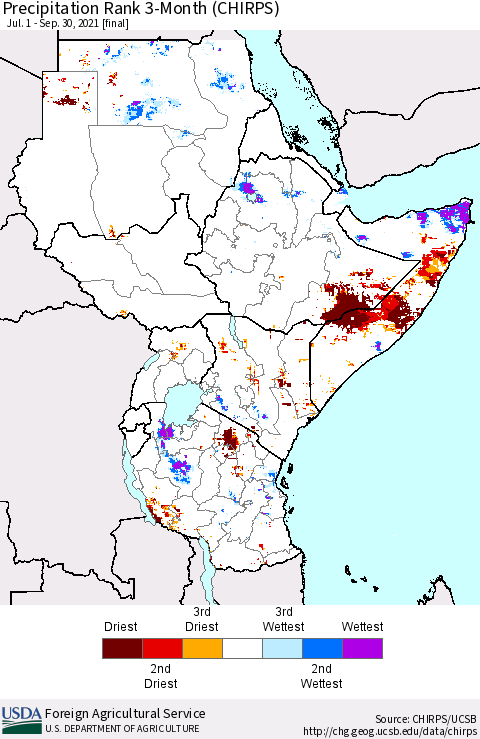 Eastern Africa Precipitation Rank 3-Month (CHIRPS) Thematic Map For 7/1/2021 - 9/30/2021
