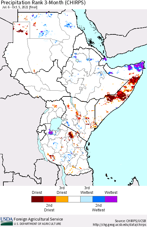 Eastern Africa Precipitation Rank since 1981, 3-Month (CHIRPS) Thematic Map For 7/6/2021 - 10/5/2021