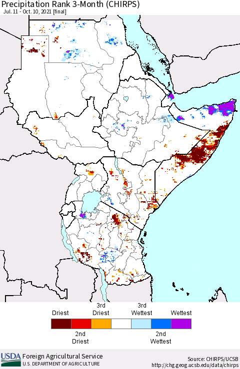 Eastern Africa Precipitation Rank 3-Month (CHIRPS) Thematic Map For 7/11/2021 - 10/10/2021