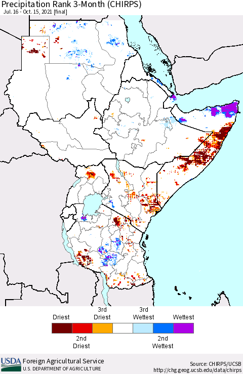 Eastern Africa Precipitation Rank 3-Month (CHIRPS) Thematic Map For 7/16/2021 - 10/15/2021