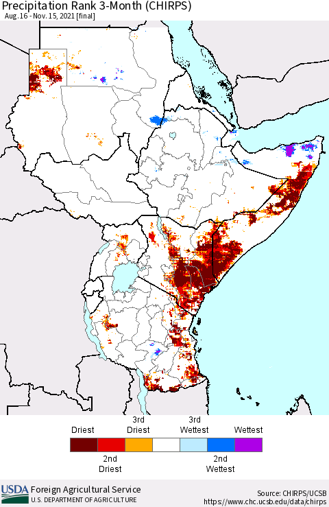 Eastern Africa Precipitation Rank since 1981, 3-Month (CHIRPS) Thematic Map For 8/16/2021 - 11/15/2021