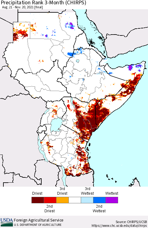 Eastern Africa Precipitation Rank 3-Month (CHIRPS) Thematic Map For 8/21/2021 - 11/20/2021