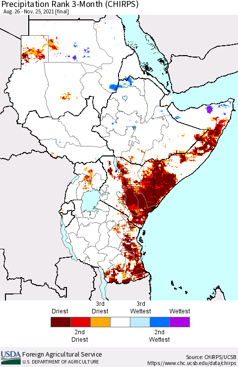 Eastern Africa Precipitation Rank 3-Month (CHIRPS) Thematic Map For 8/26/2021 - 11/25/2021
